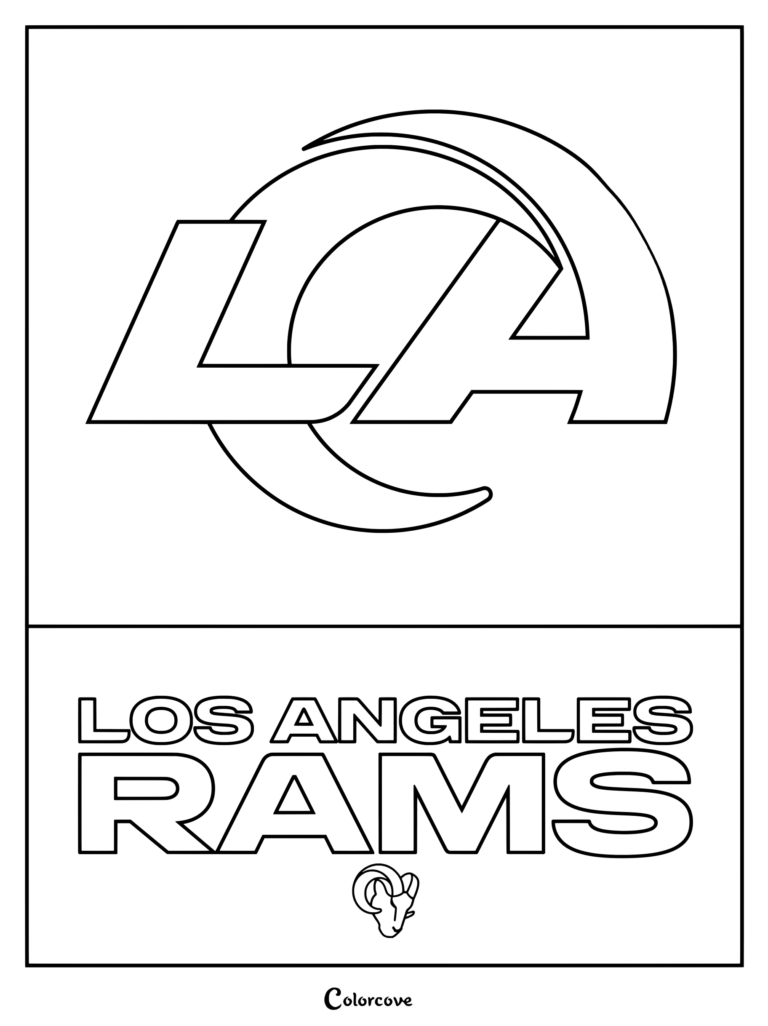Dibujo de Los Angeles Rams para colorear de la NFL, con el logotipo del equipo y tipografía llamativa.