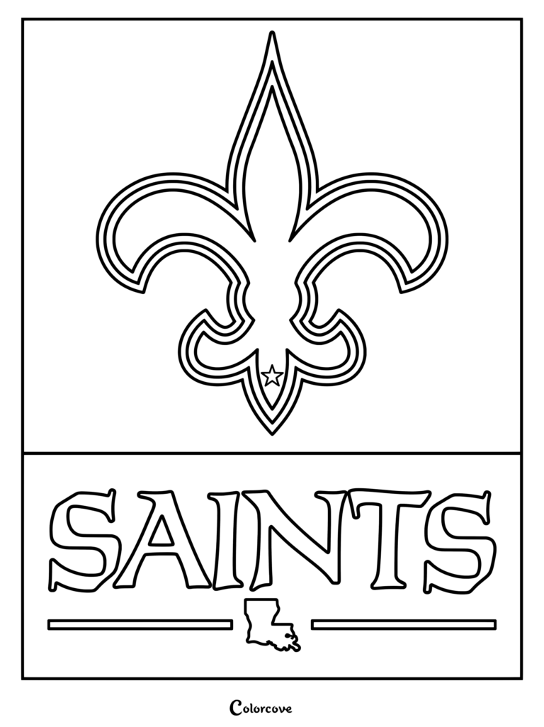 Dibujo de New Orleans Saints para colorear, con el logotipo del equipo de la NFL y el mapa de Luisiana.