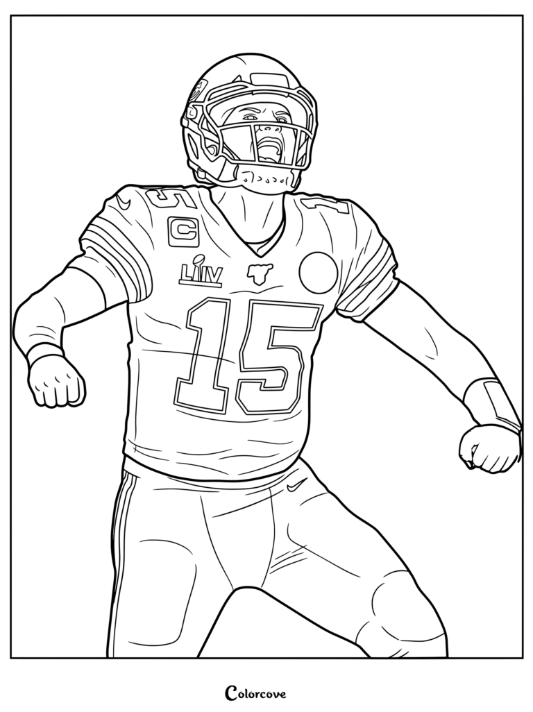 Dibujo de Patrick Mahomes con la estrella de la NFL celebrando con una expresión apasionada en uniforme.