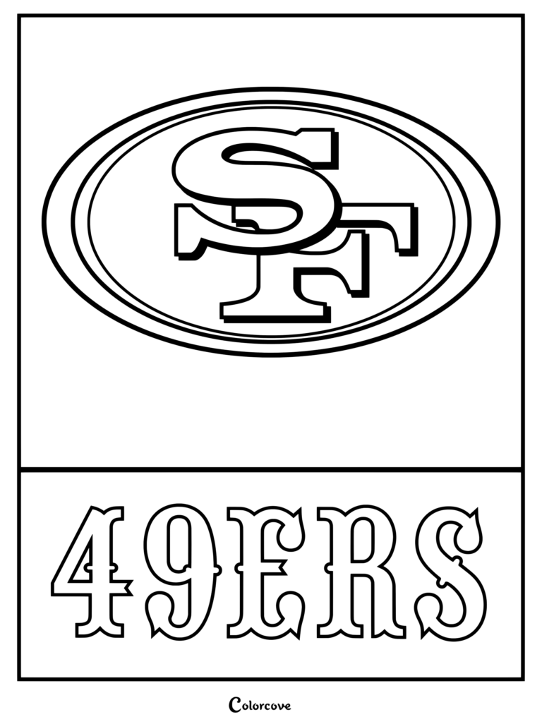 Dibujo de San Francisco 49ers para colorear, con el logotipo del equipo de la NFL y tipografía.
