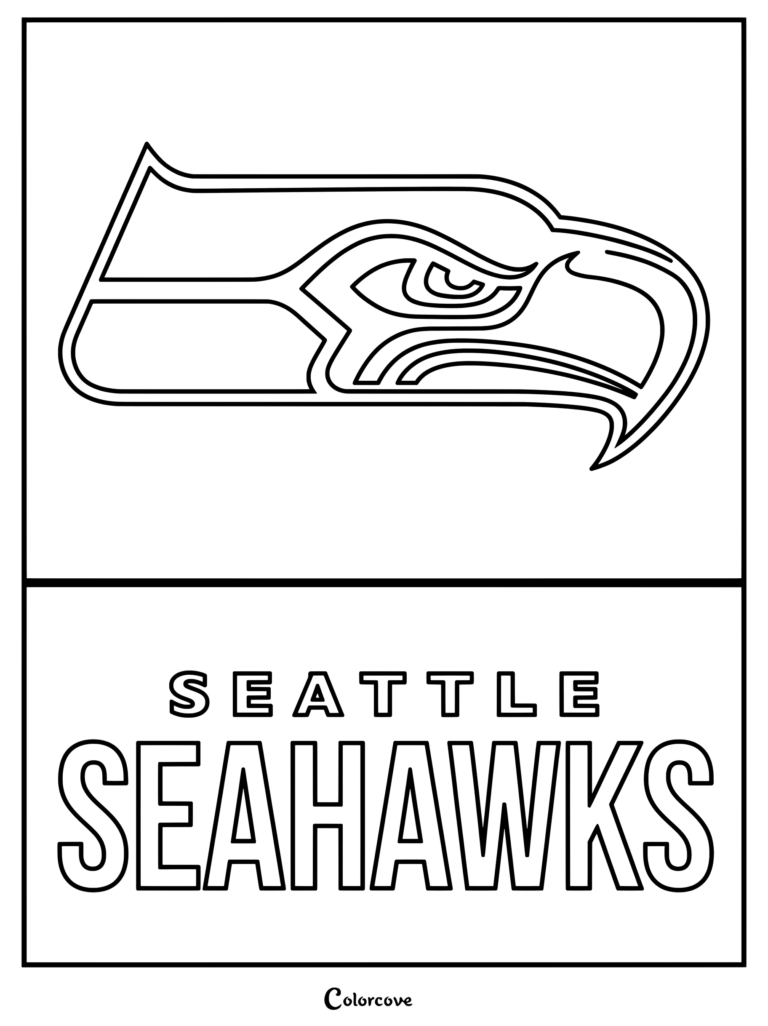 Dibujo de Seattle Seahawks para colorear de la NFL, que muestra el icónico logotipo del equipo y tipografía llamativa.