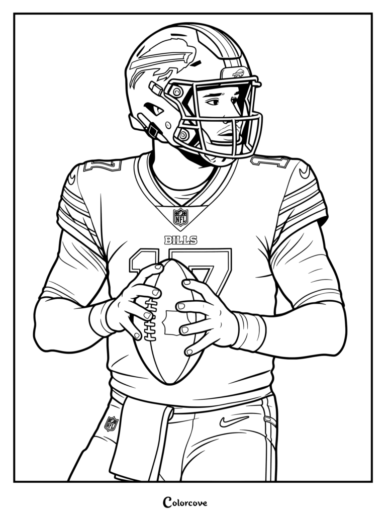 Dibujo de Josh Allen con el mariscal de campo de los Buffalo Bills en su uniforme y casco para los fanáticos de la NFL.