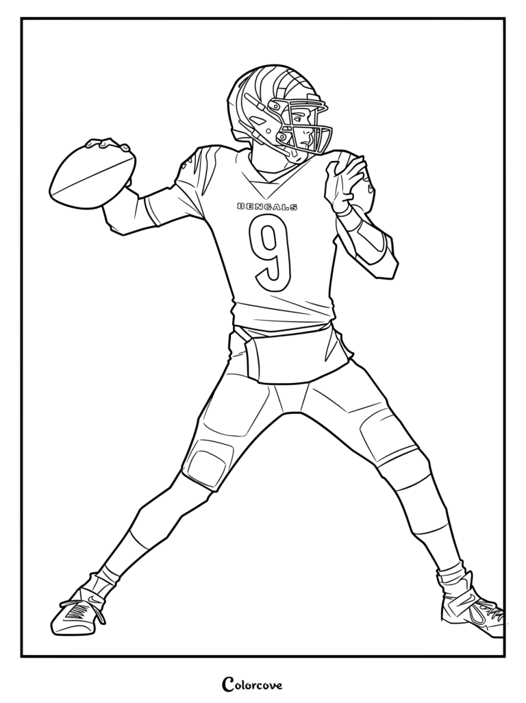 Un dibujo para colorear del mariscal de campo de Cincinnati Bengals Joe Burrow lanzando un balón en la NFL.