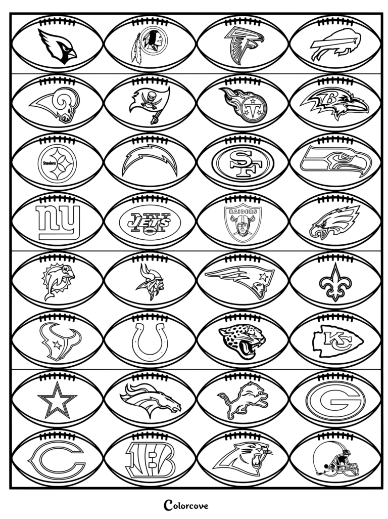 Una colección completa de 32 gráficos con forma de balón de fútbol americano que presentan los logotipos principales de cada equipo en el dibujo de la NFL (NFL)