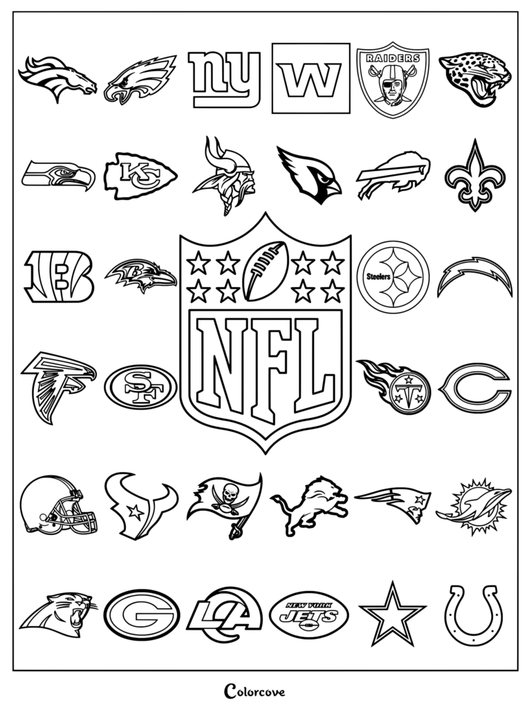 Dibujo que muestra una colección de logotipos de equipos de la NFL (NFL) dispuestos alrededor de un escudo central de la NFL.