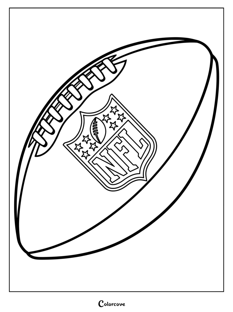 Dibujo de la NFL imprimible que muestra una ilustración gráfica de un balón de fútbol americano con cordones blancos y el logotipo de escudo oficial.