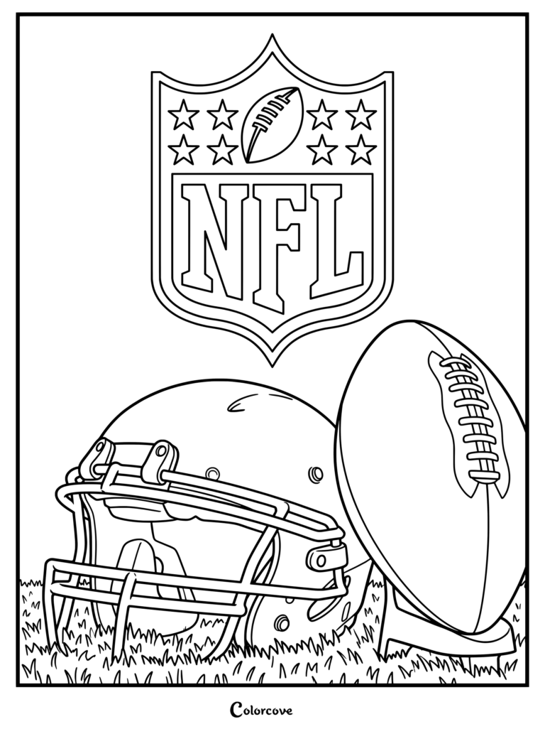 Dibujo de la NFL gratuito con el logotipo oficial, el casco y un balón sobre el césped.