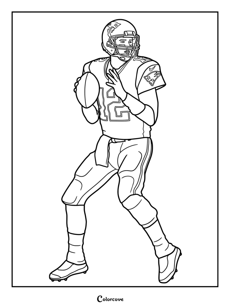 Dibujo de la NFL con Tom Brady vistiendo un jersey de New England Patriots en una pose de arte promocional sosteniendo un balón de fútbol americano.
