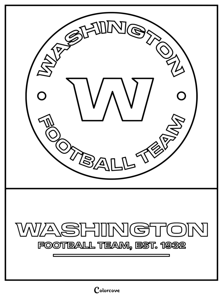 Dibujo del logotipo de Washington Commanders para colorear para fans de la NFL, con el nombre del equipo y la letra W.