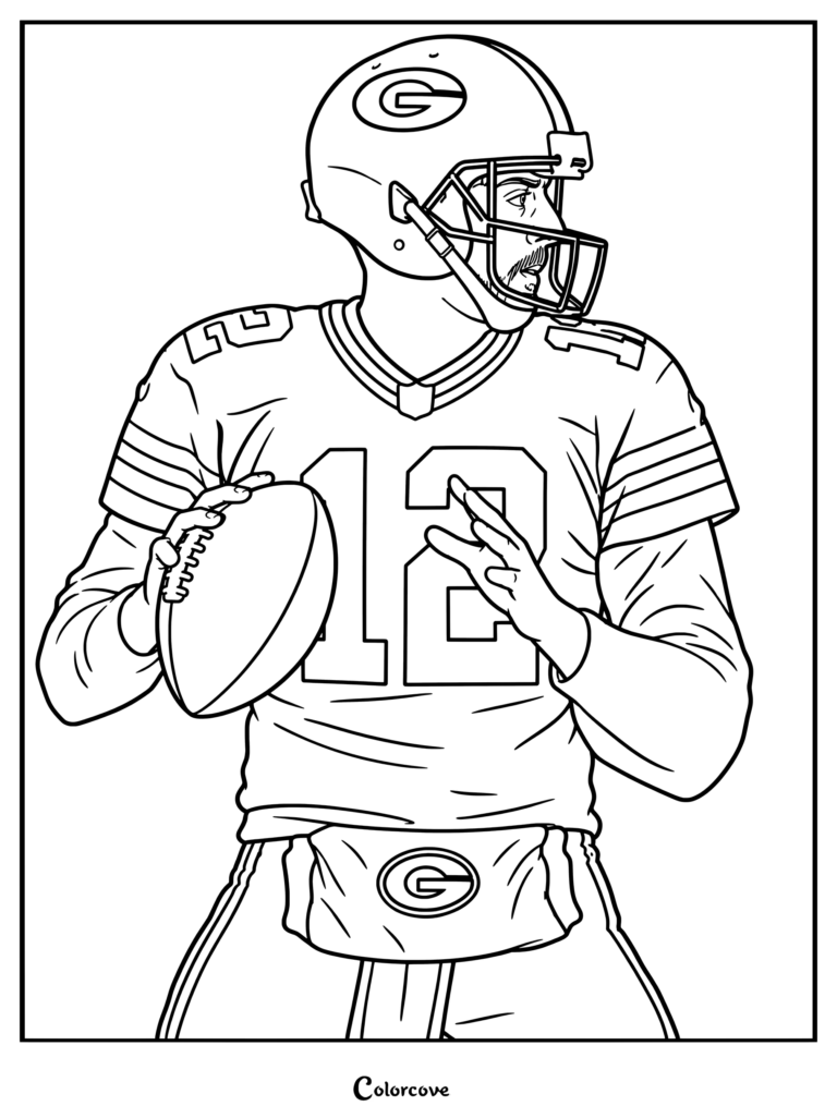 Dibujo para colorear para fanáticos de la NFL con una ilustración de arte digital de Aaron Rodgers vistiendo el uniforme de los Green Bay Packers y preparándose para pasar el balón.