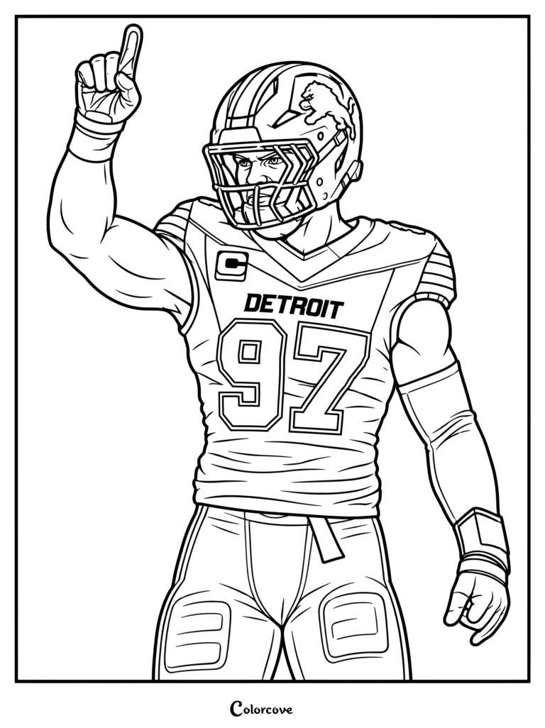 Página para colorear para aficionados de la NFL con una ilustración digital de Aidan Hutchinson vistiendo el uniforme de los Detroit Lions y señalando hacia arriba con el dedo índice.