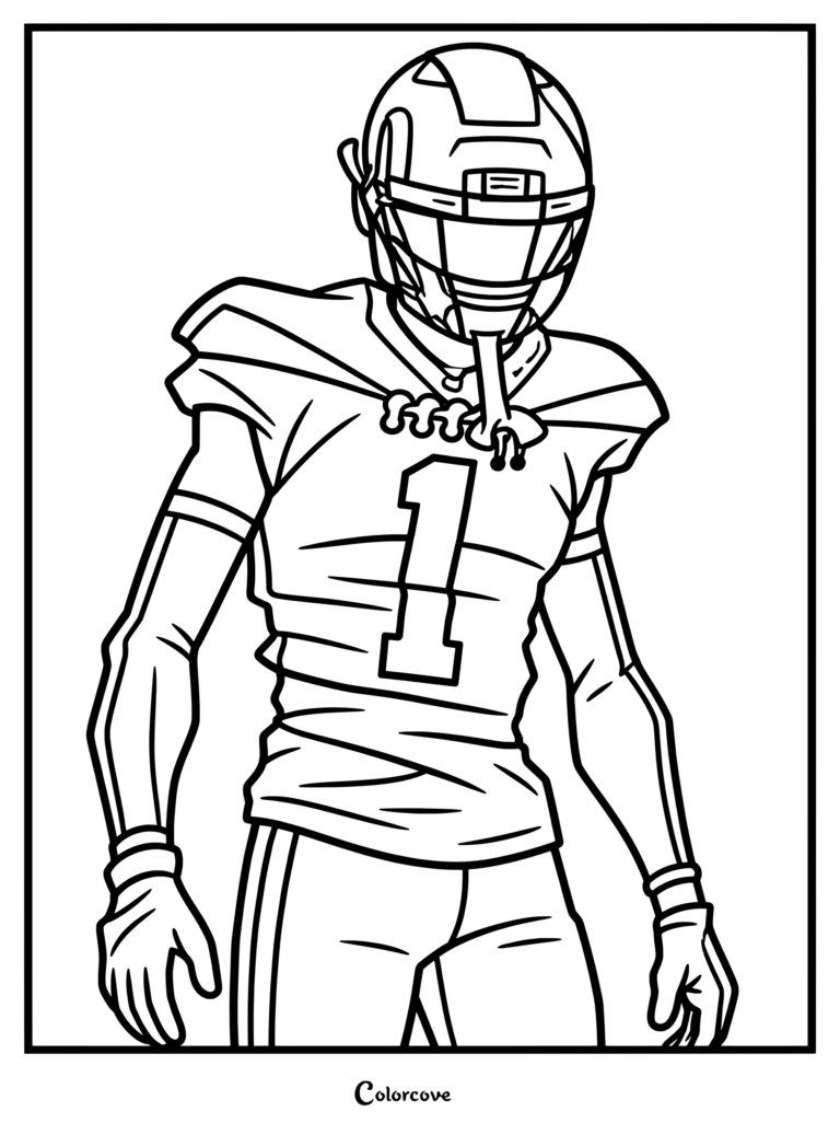 Página para colorear para aficionados de la NFL con un dibujo ilustrativo de Sauce Gardner de pie con el uniforme de los New York Jets sobre un fondo de cuadrícula.