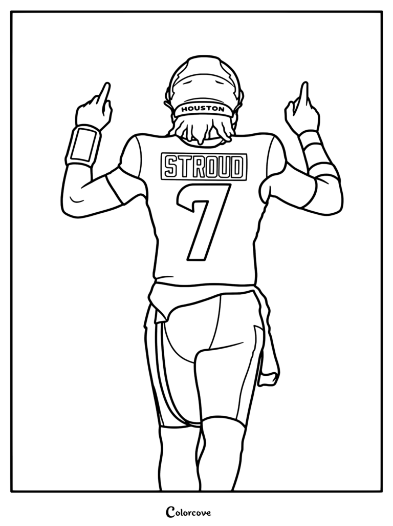 Página para colorear para aficionados de la NFL con CJ Stroud de pie en el campo de espaldas, vistiendo la camiseta de los Houston Texans y levantando ambos dedos índices.