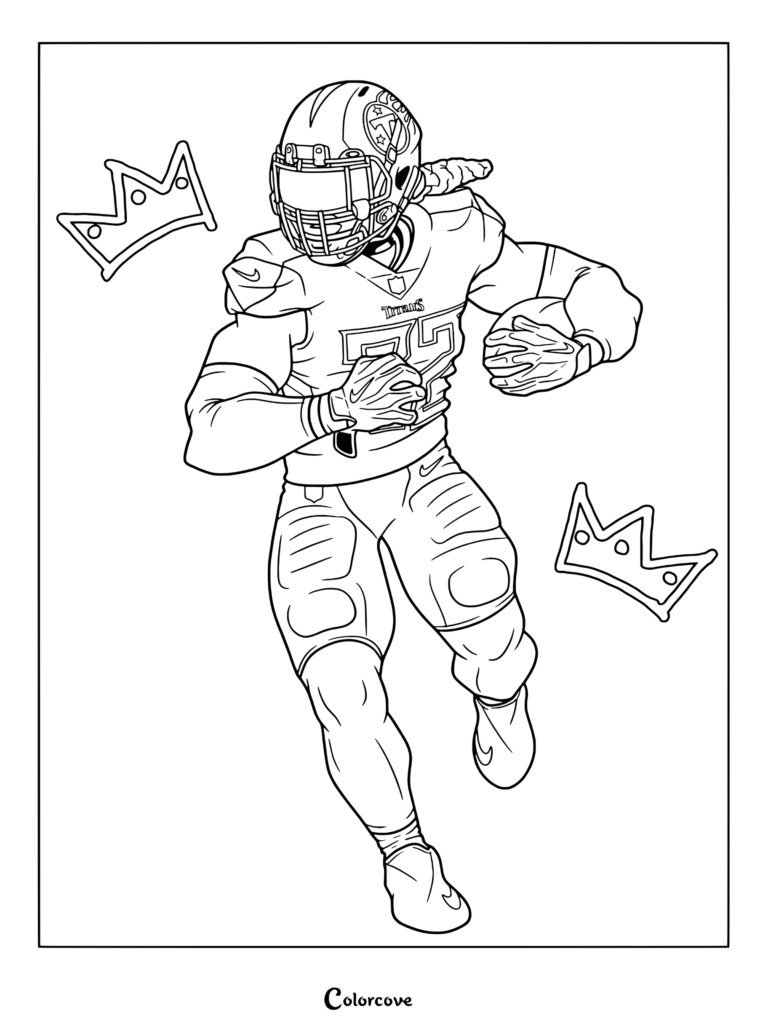 Página para colorear para aficionados de la NFL con arte digital de Derrick Henry corriendo con el balón con el uniforme de los Tennessee Titans y coronas.