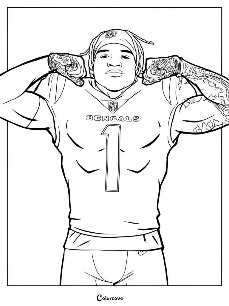 Página para colorear de la NFL con el receptor abierto de los Cincinnati Bengals Ja'Marr Chase flexionando los brazos con su uniforme.
