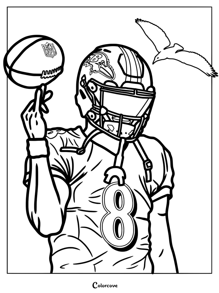 Página para colorear de la NFL con una ilustración fanart digital de Lamar Jackson con la camiseta de los Baltimore Ravens haciendo girar un balón en su dedo junto a un cuervo.