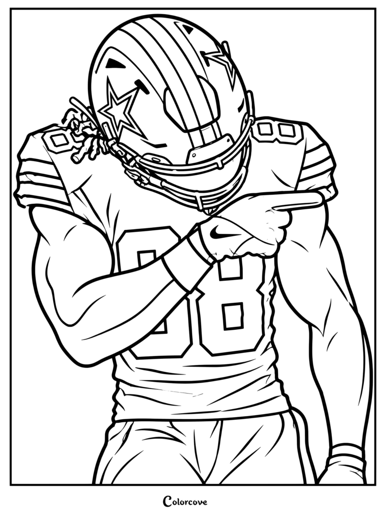 Ilustración digital del receptor abierto de los Dallas Cowboys CeeDee Lamb señalando con el dedo mientras viste su uniforme y casco en una página para colorear de la NFL.