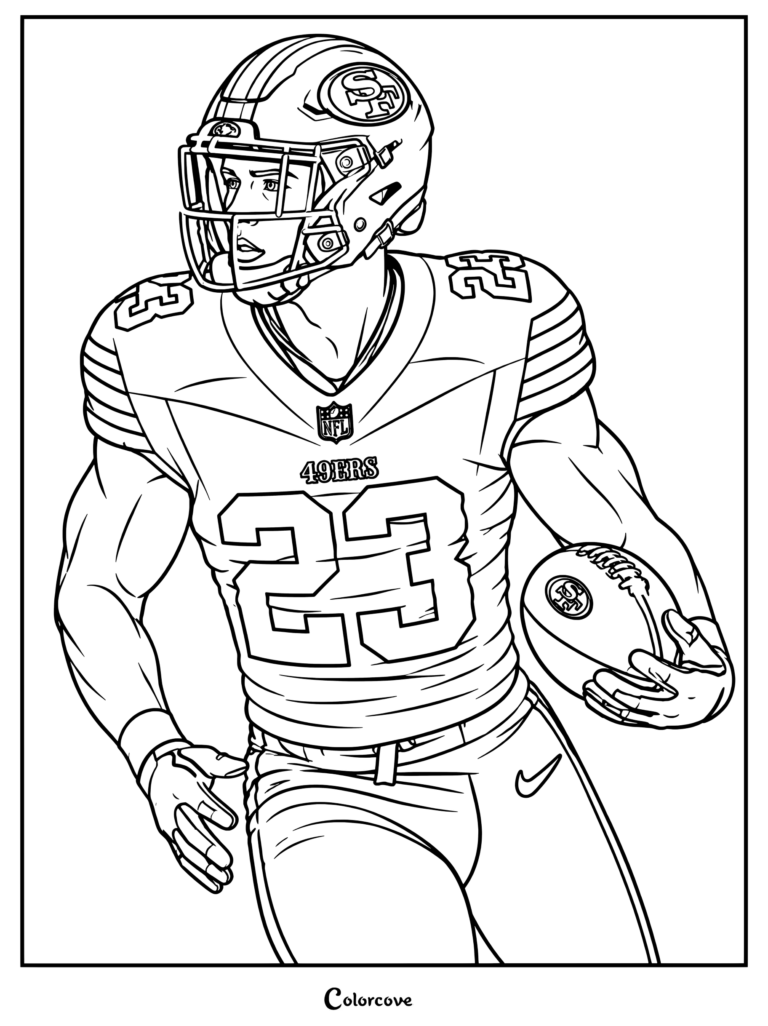 Dibujo para colorear para fanáticos de la NFL con una pintura digital de Christian McCaffrey vistiendo el uniforme de los San Francisco 49ers sosteniendo un balón sobre un fondo marrón con textura.