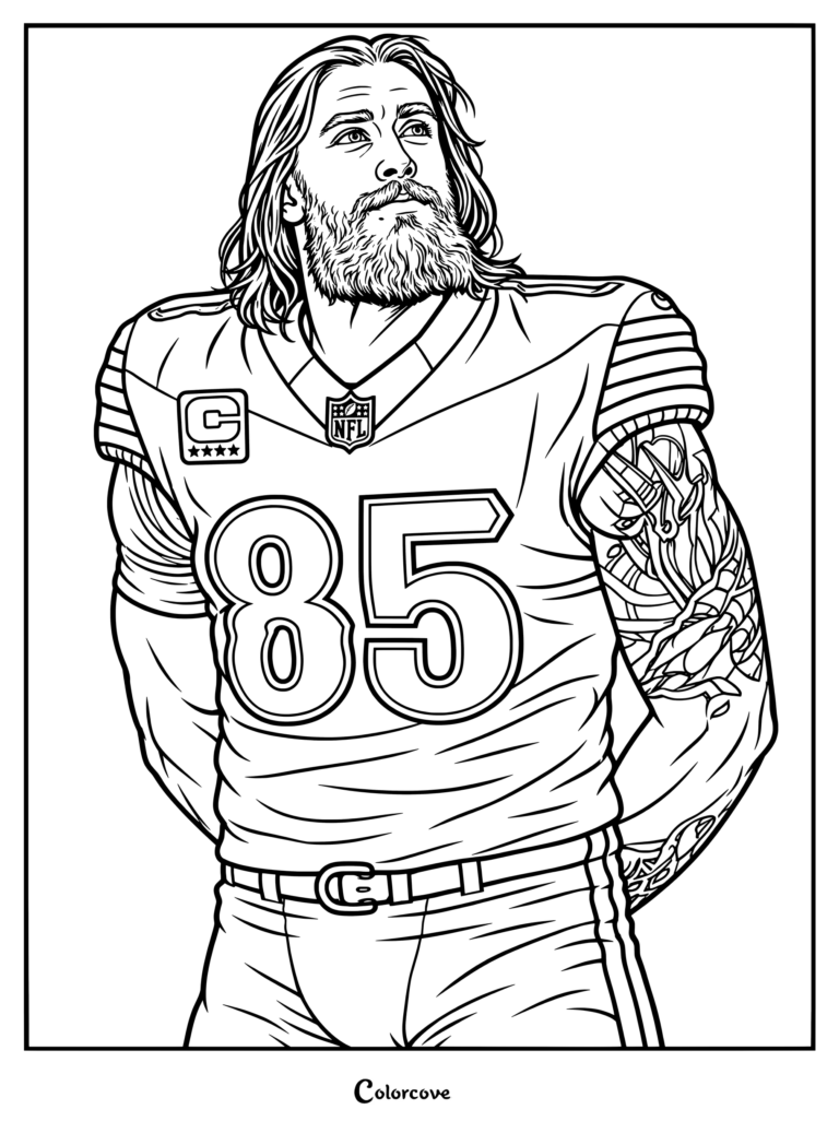 Dibujo para colorear para fanáticos de la NFL con George Kittle ilustrado al estilo cómic sobre un fondo de cielo azul nublado.