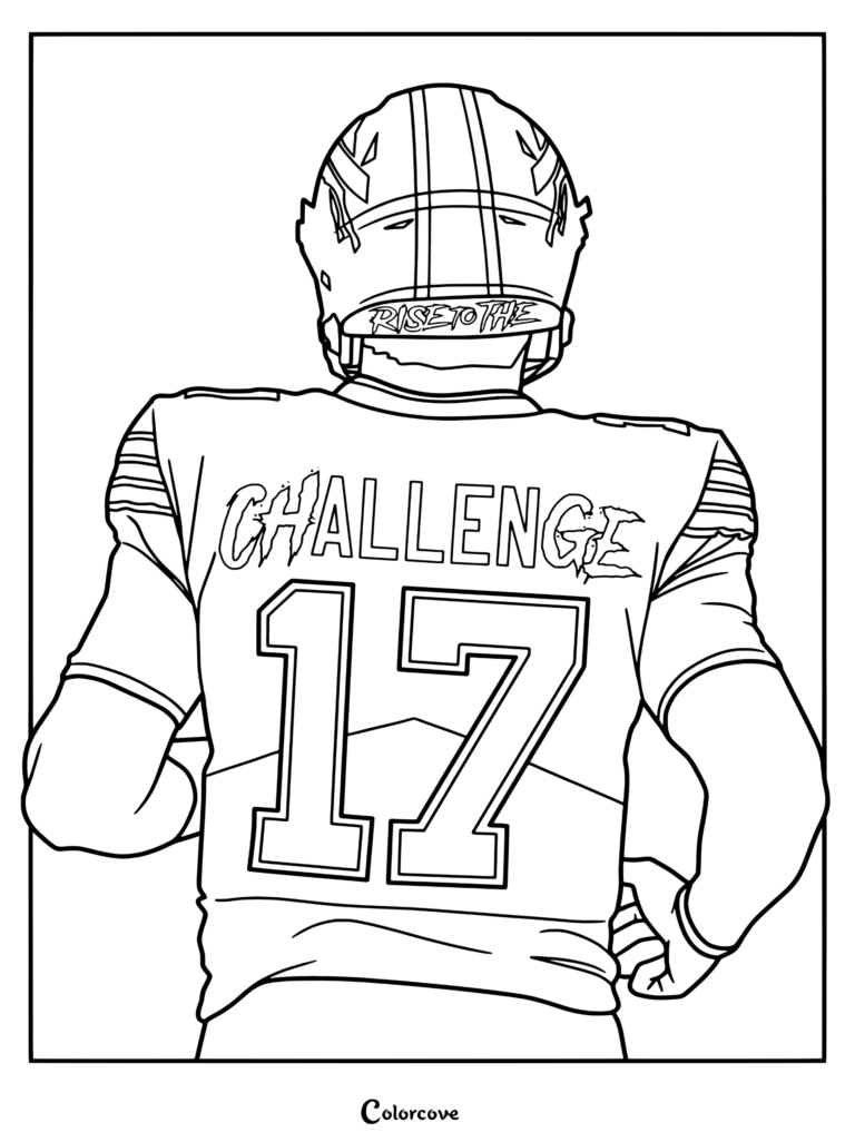 Página para colorear para aficionados de la NFL con arte vectorial de vista trasera de Josh Allen de los Buffalo Bills de pie con texto de desafío.