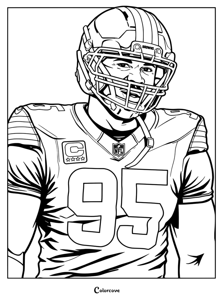 Una página para colorear detallada de Myles Garrett con el uniforme de los Cleveland Browns, ideal para aficionados de la NFL.