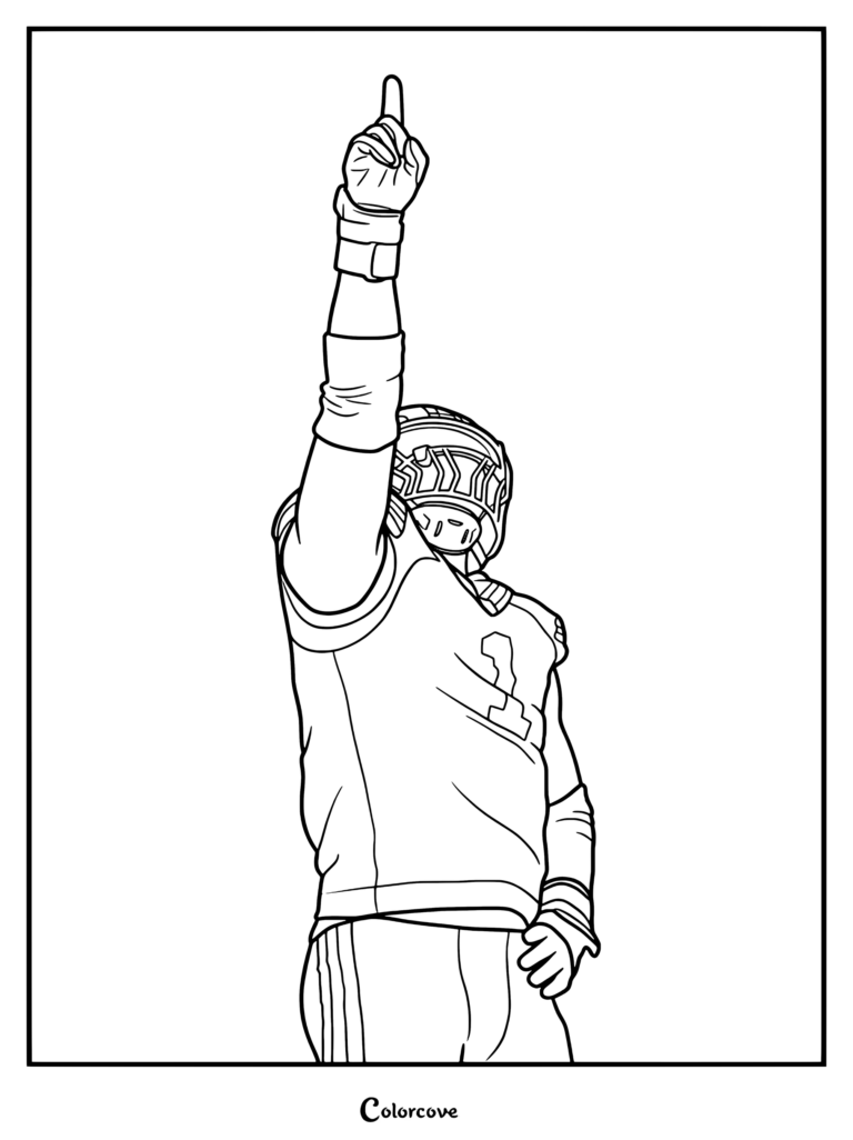 Un dibujo del contorno de un jugador de la NFL con la camiseta número 1 y señalando hacia arriba para una página para colorear.