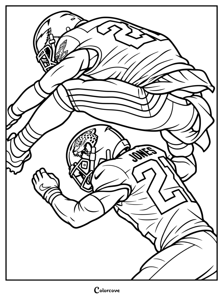 Dibujo para colorear para fanáticos de la NFL con fan art al estilo de ilustración de cómic de Saquon Barkley saltando sobre un defensor de los Jacksonville Jaguars.