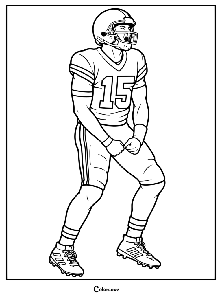 Una página para colorear de la NFL con el quarterback Patrick Mahomes de los Kansas City Chiefs celebrando en el campo con su uniforme.