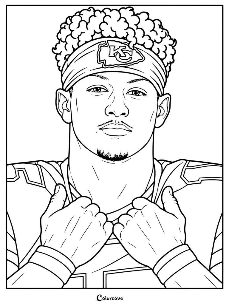 Dibujo de la NFL para colorear con el quarterback de los Kansas City Chiefs, Patrick Mahomes, por Eric Green.