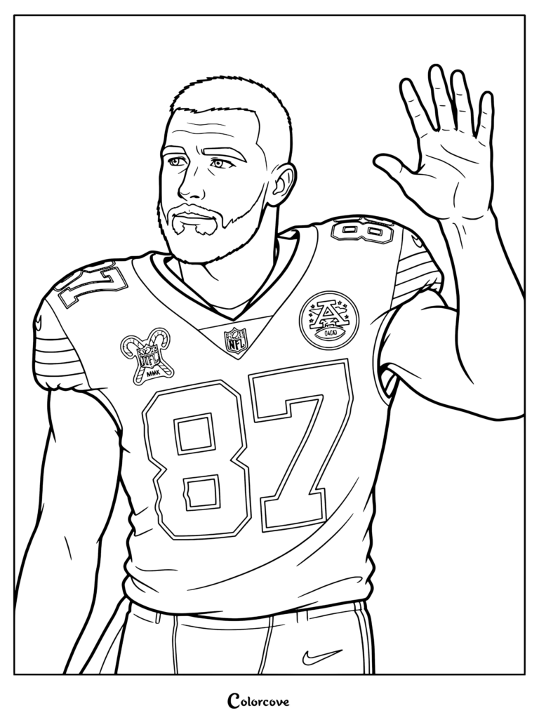 Dibujo para colorear para fanáticos de la NFL con una ilustración al estilo anime de Travis Kelce saludando en el estadio con la camiseta de los Chiefs.