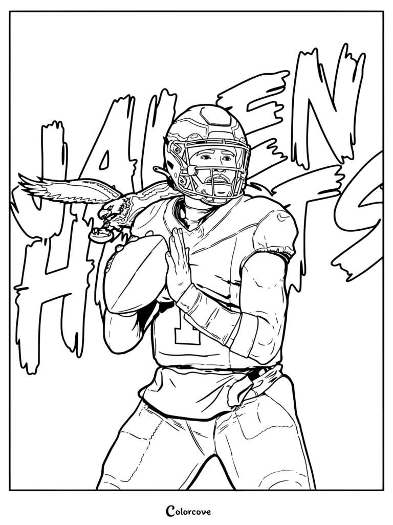 Dibujo para colorear para fanáticos de la NFL con una ilustración en arte vectorial del quarterback de los Philadelphia Eagles, Jalen Hurts, sosteniendo un balón con un gráfico estilizado de un águila y una B en negrita.