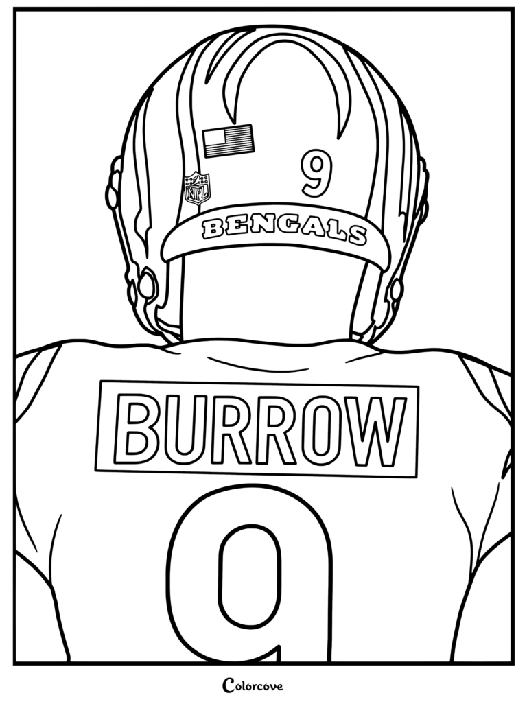 Dibujo para colorear para fanáticos de la NFL con fan art vectorial de Joe Burrow visto desde atrás vistiendo su camiseta blanca de los Cincinnati Bengals y el casco con el número nueve visible.