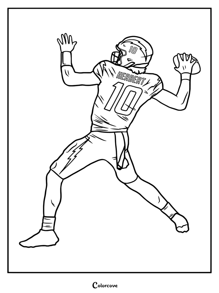 Dibujo para colorear para fanáticos de la NFL con una ilustración de fan art en estilo vectorial de Justin Herbert lanzando un balón vistiendo el uniforme de los Chargers.