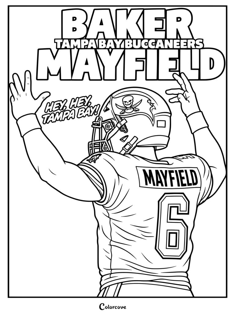 Dibujo para colorear para fanáticos de la NFL con fan art al estilo cómic vintage de Baker Mayfield celebrando con la camiseta de los Tampa Bay Buccaneers.