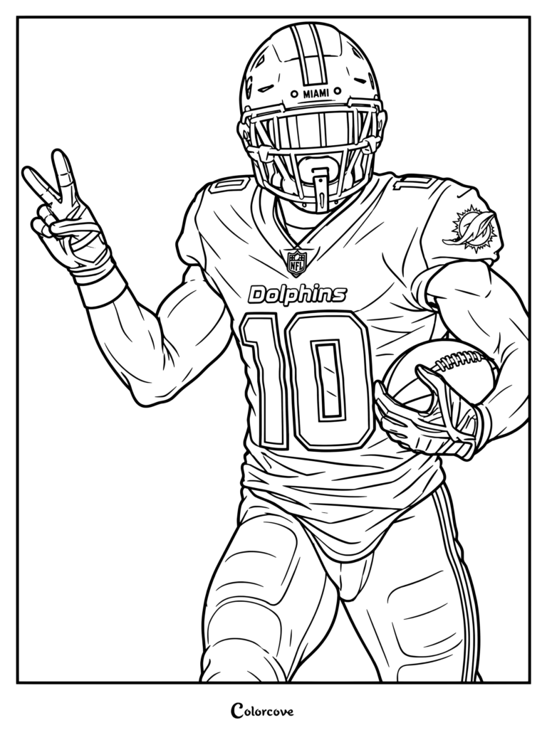 Dibujo para colorear para fanáticos de la NFL con fan art en acuarela del receptor abierto de los Miami Dolphins, Tyreek Hill, haciendo el signo de la paz mientras sostiene un balón.