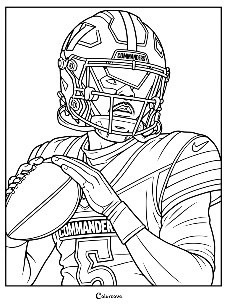 Dibujo para colorear para fanáticos de la NFL de una pintura en acuarela del quarterback de los Washington Commanders, Jayden Daniels, sosteniendo un balón listo para lanzar.
