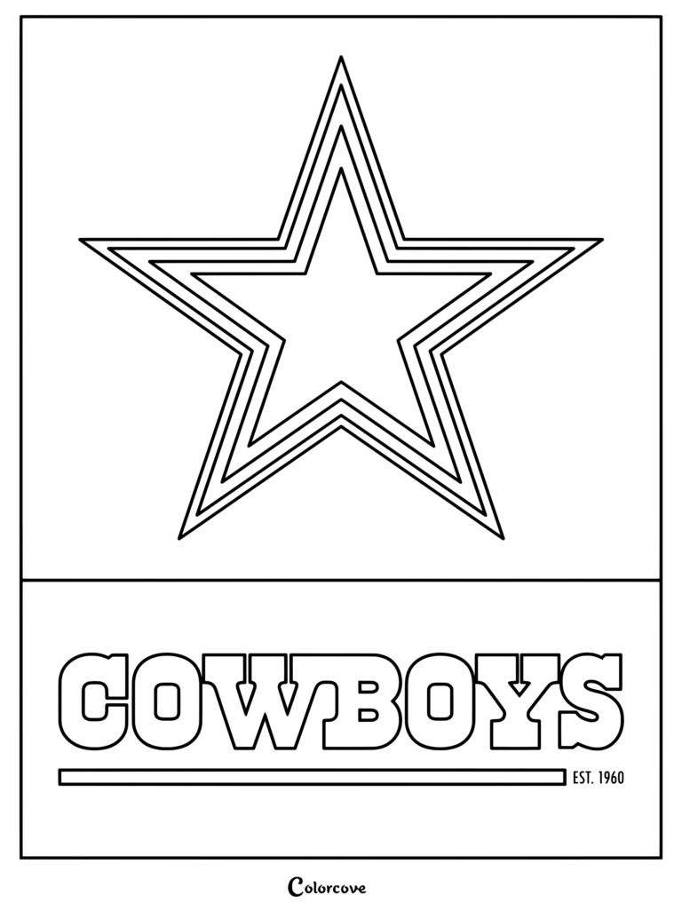Dibujo de Dallas Cowboys para colorear, con el icónico logotipo de la estrella del equipo y texto para fans de la NFL.