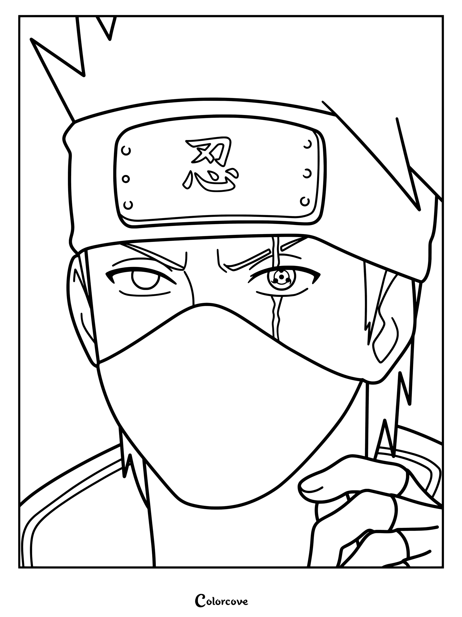 Coloriage portrait en gros plan de Kakashi Hatake soulevant son bandeau frontal pour révéler son Sharingan pour la première fois.