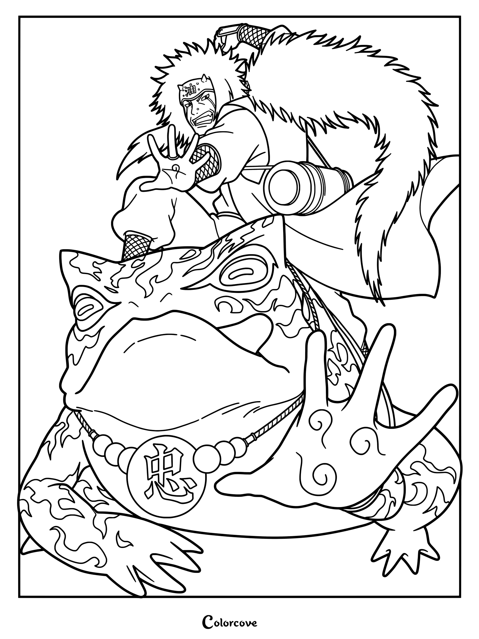 Coloriage à imprimer de Jiraiya et Gamabunta, montrant le ninja Sannin chevauchant le crapaud géant invoqué