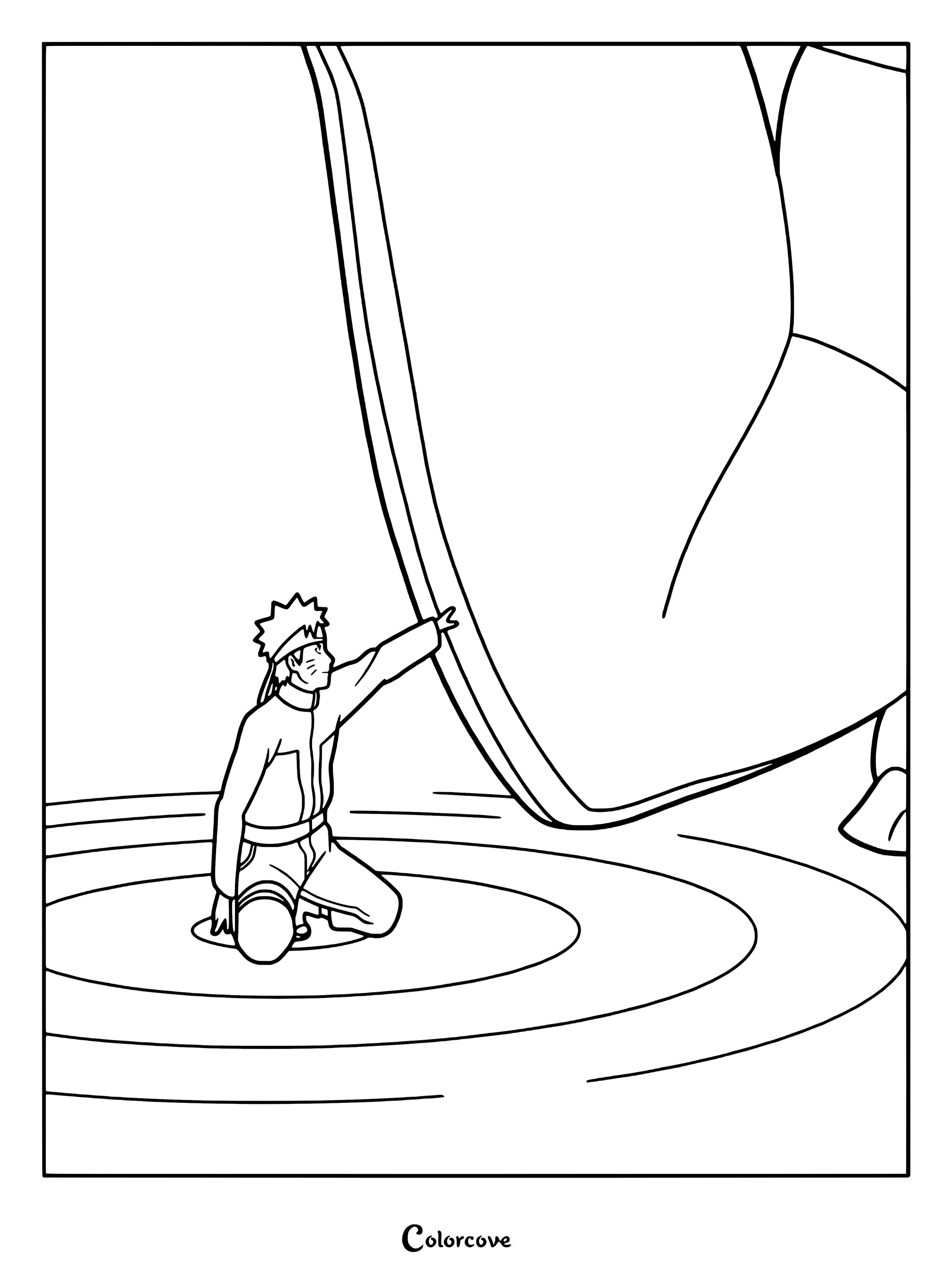 Coloriage du check de poing de chakra entre Naruto et Kyûbi, montrant Naruto à genoux faisant un check du poing avec Kyûbi.
