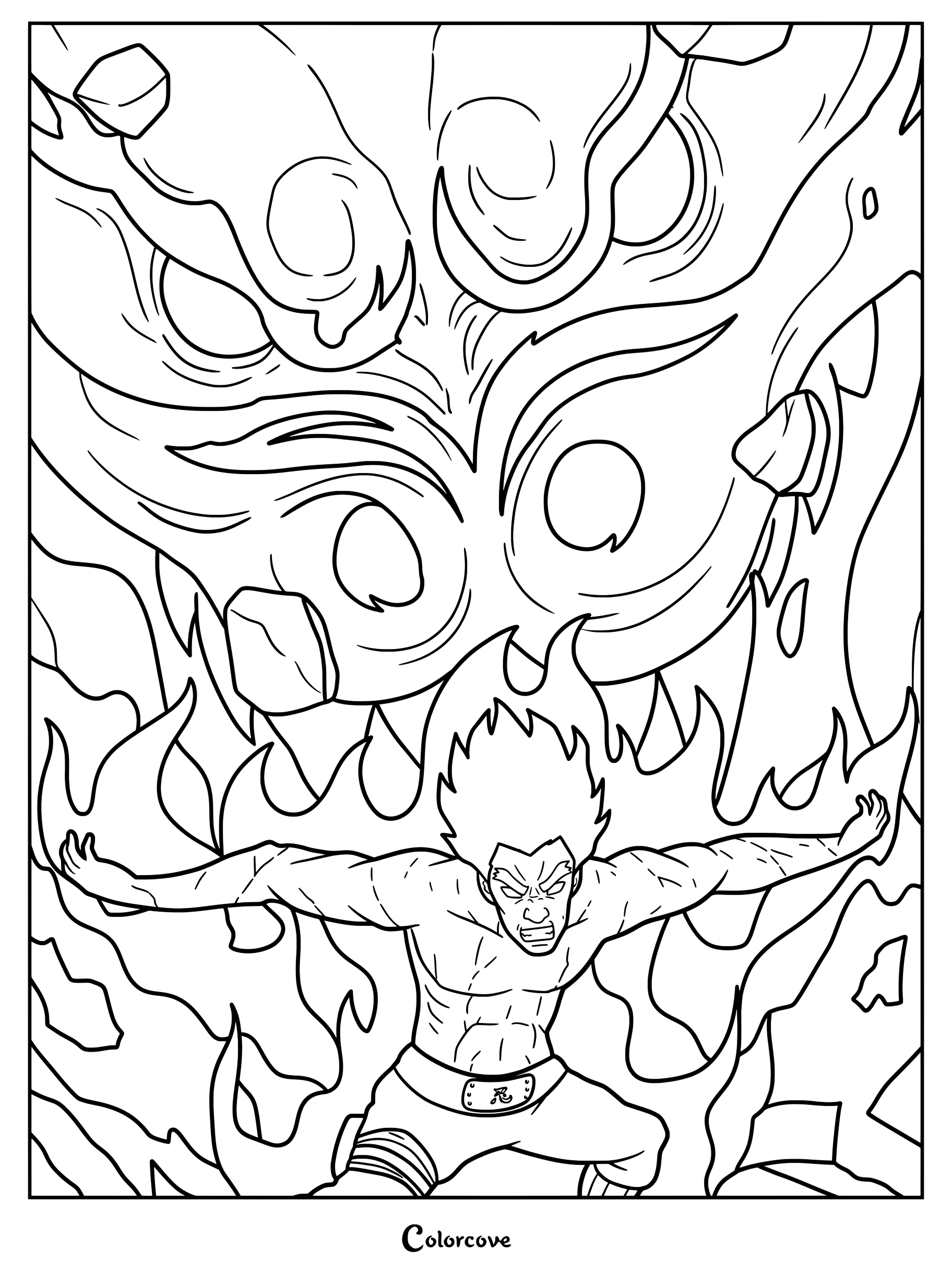 Coloriage de Maito Gaï ouvrant la Huitième Porte et déchaînant son attaque finale sur Madara
