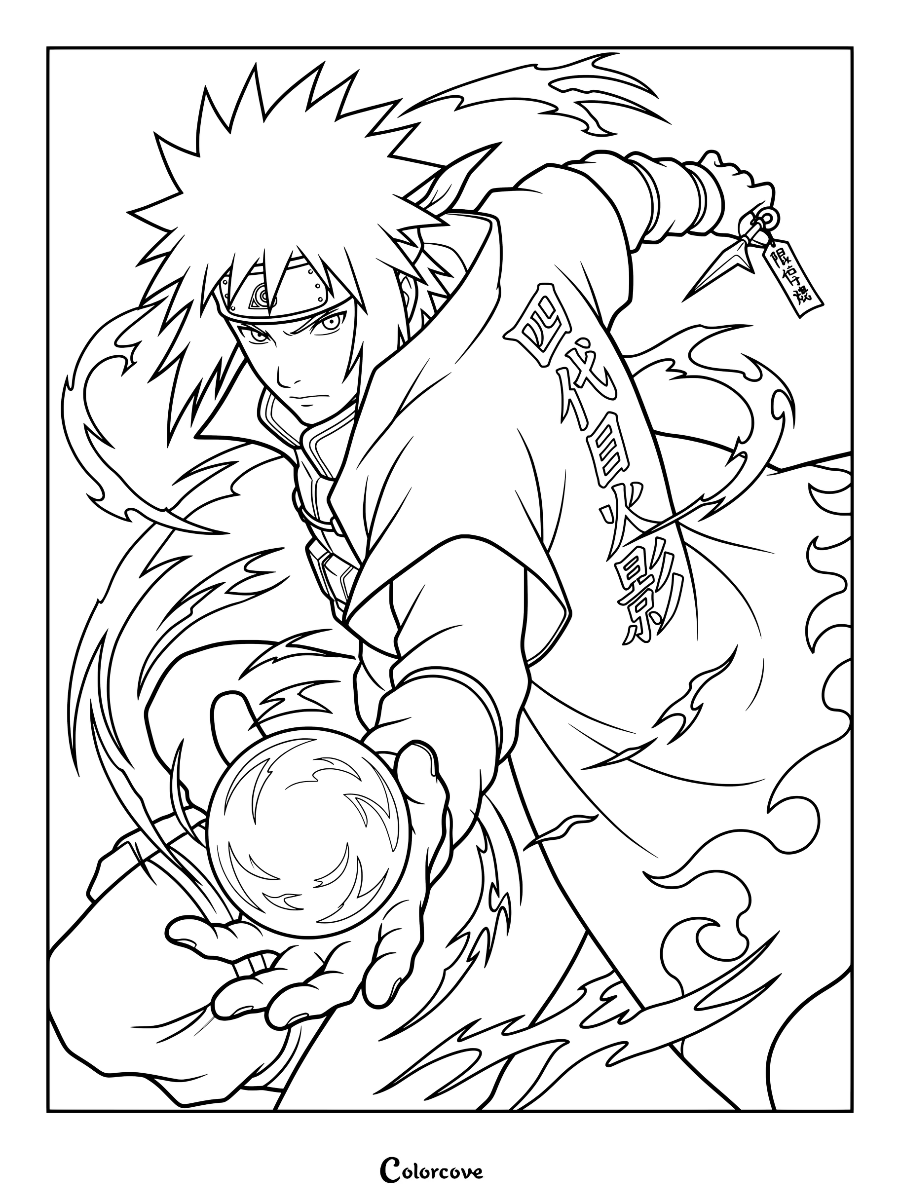 Coloriage de Minato Namikaze montrant le ninja tenant un Rasengan lumineux et un couteau kunai