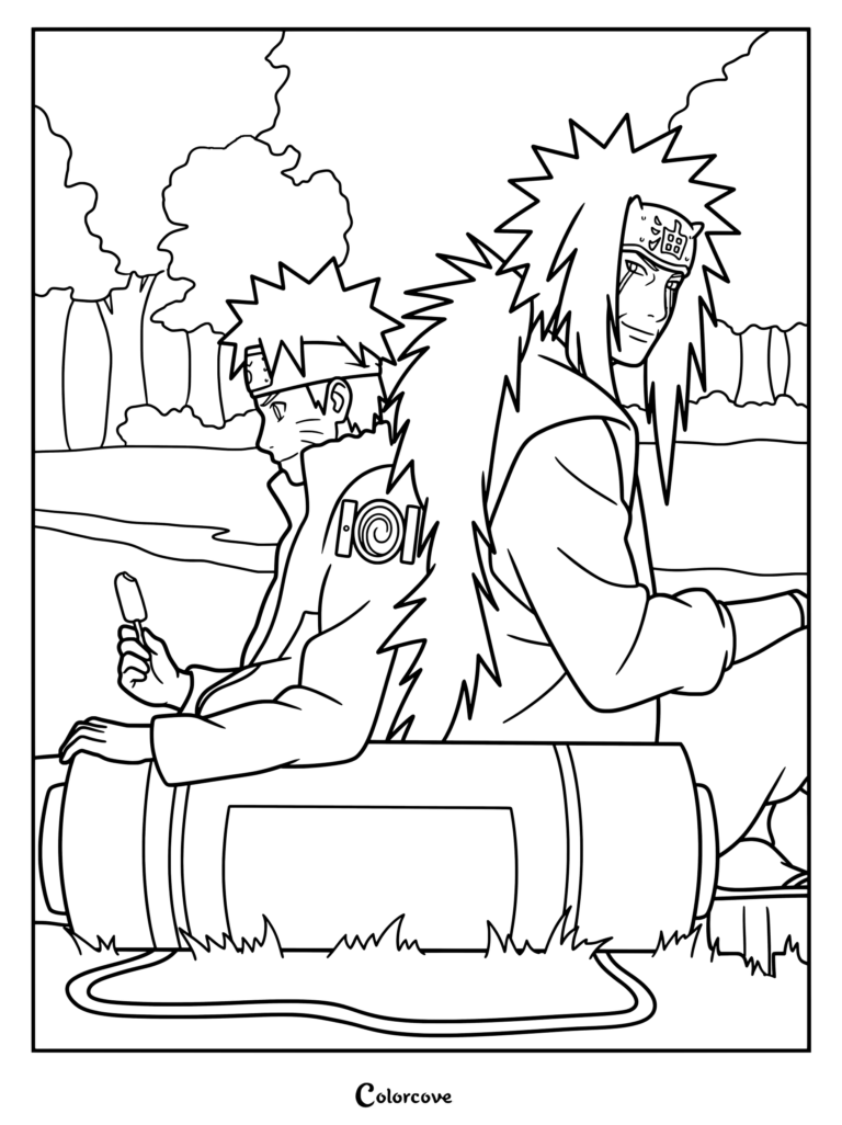 Coloriage des derniers moments de Naruto et Jiraiya, montrant Naruto tenant une glace et assis dos à dos avec Jiraiya en extérieur.