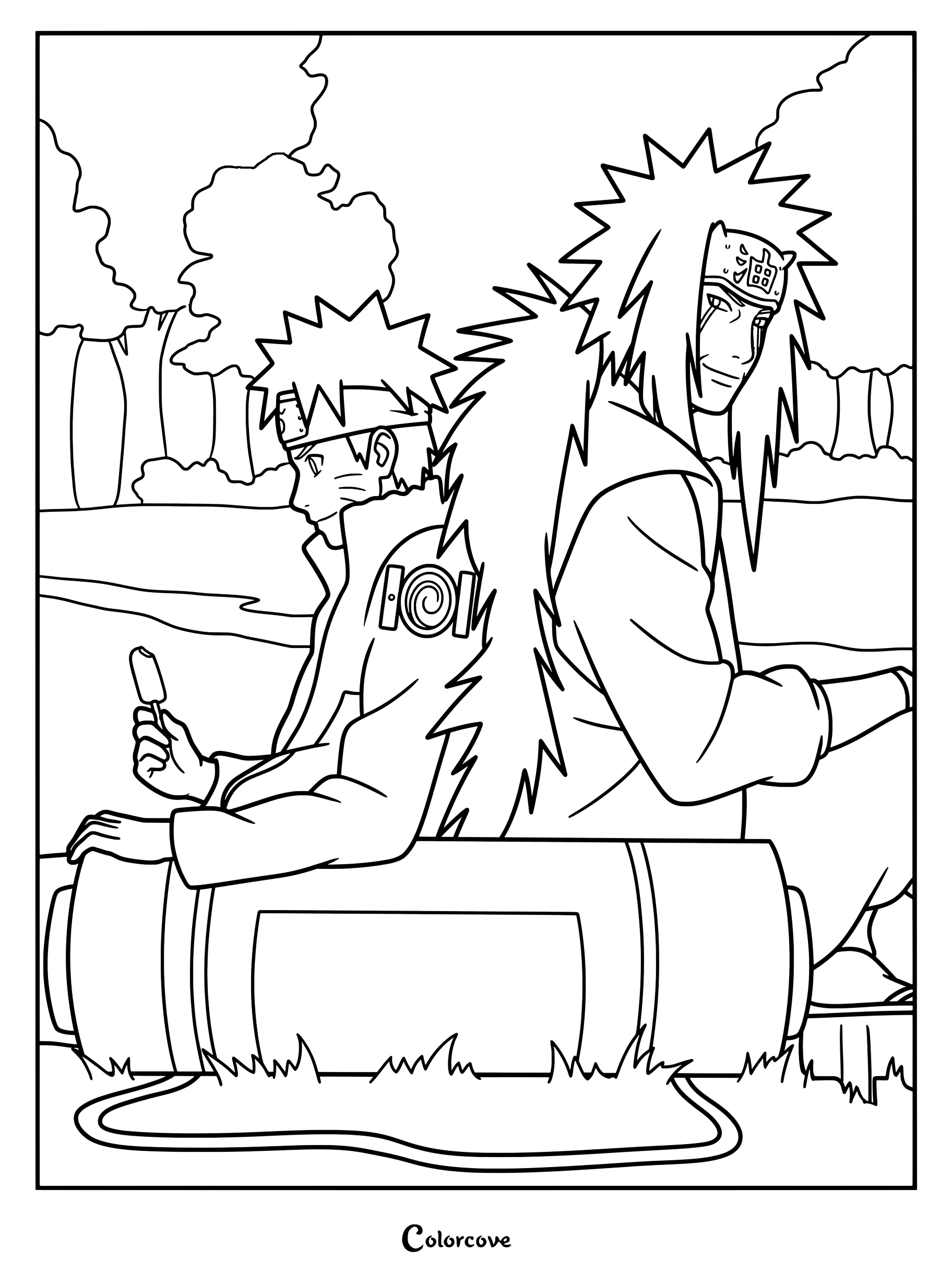 Coloriage des derniers moments de Naruto et Jiraiya, montrant Naruto tenant une glace et assis dos à dos avec Jiraiya en extérieur.