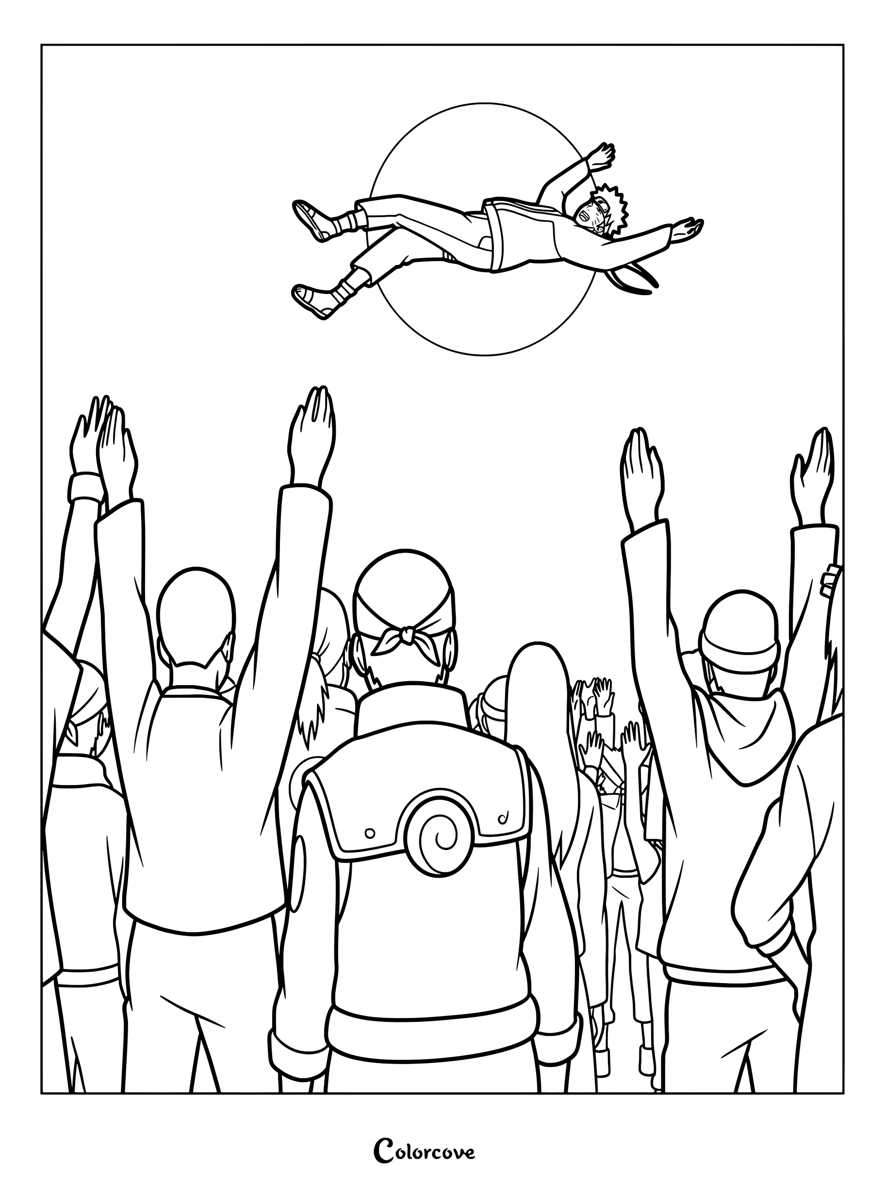 Page de coloriage de Naruto porté en triomphe et lancé dans les airs par les shinobi du Village Caché de Konoha après avoir vaincu Pain