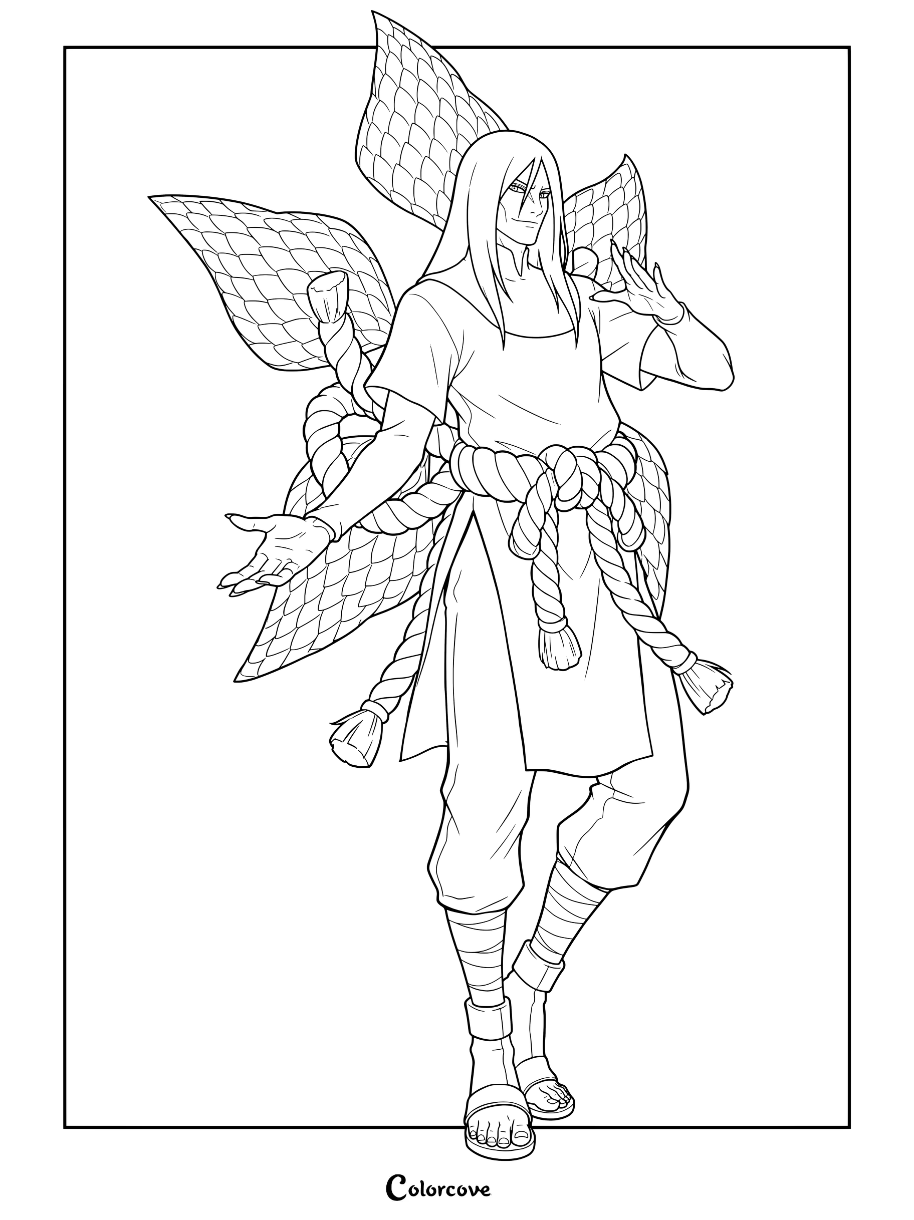 Coloriage en line art à imprimer représentant Orochimaru avec des détails d'ailes écailleuses de Naruto