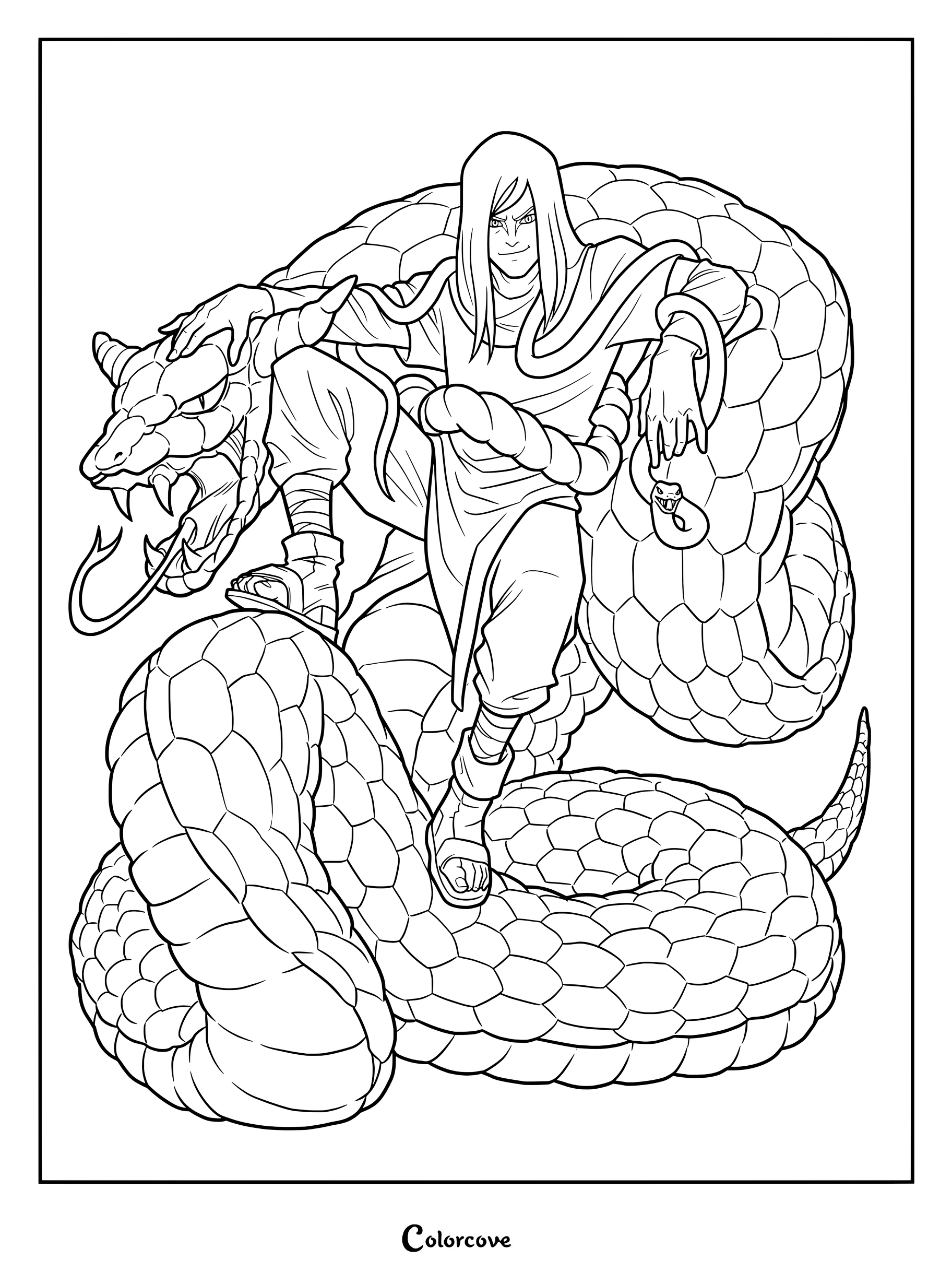Line art de Orochimaru posant avec un serpent géant à écailles pour un coloriage à imprimer