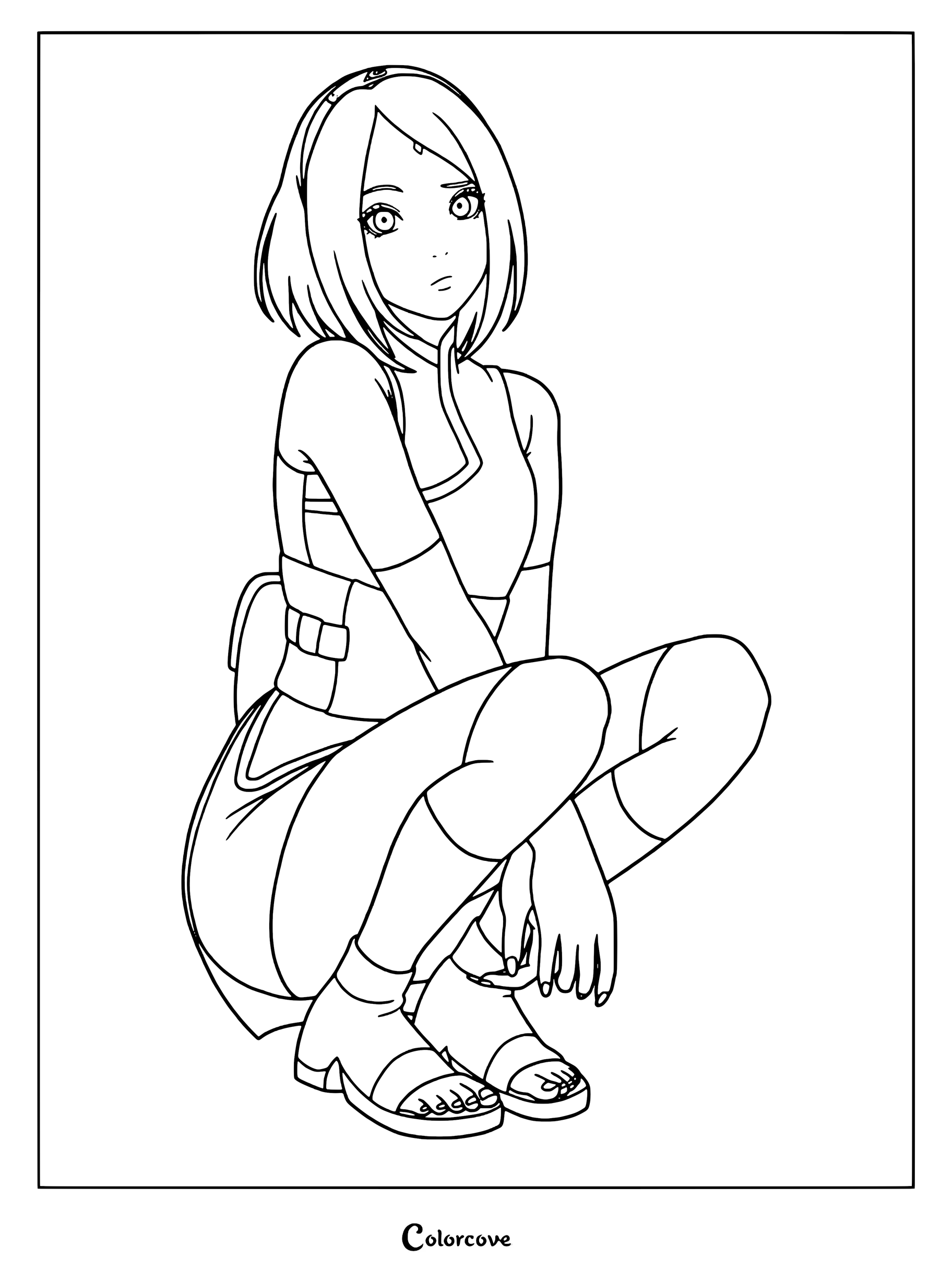 Coloriage de Sakura Haruno accroupie en position de combat