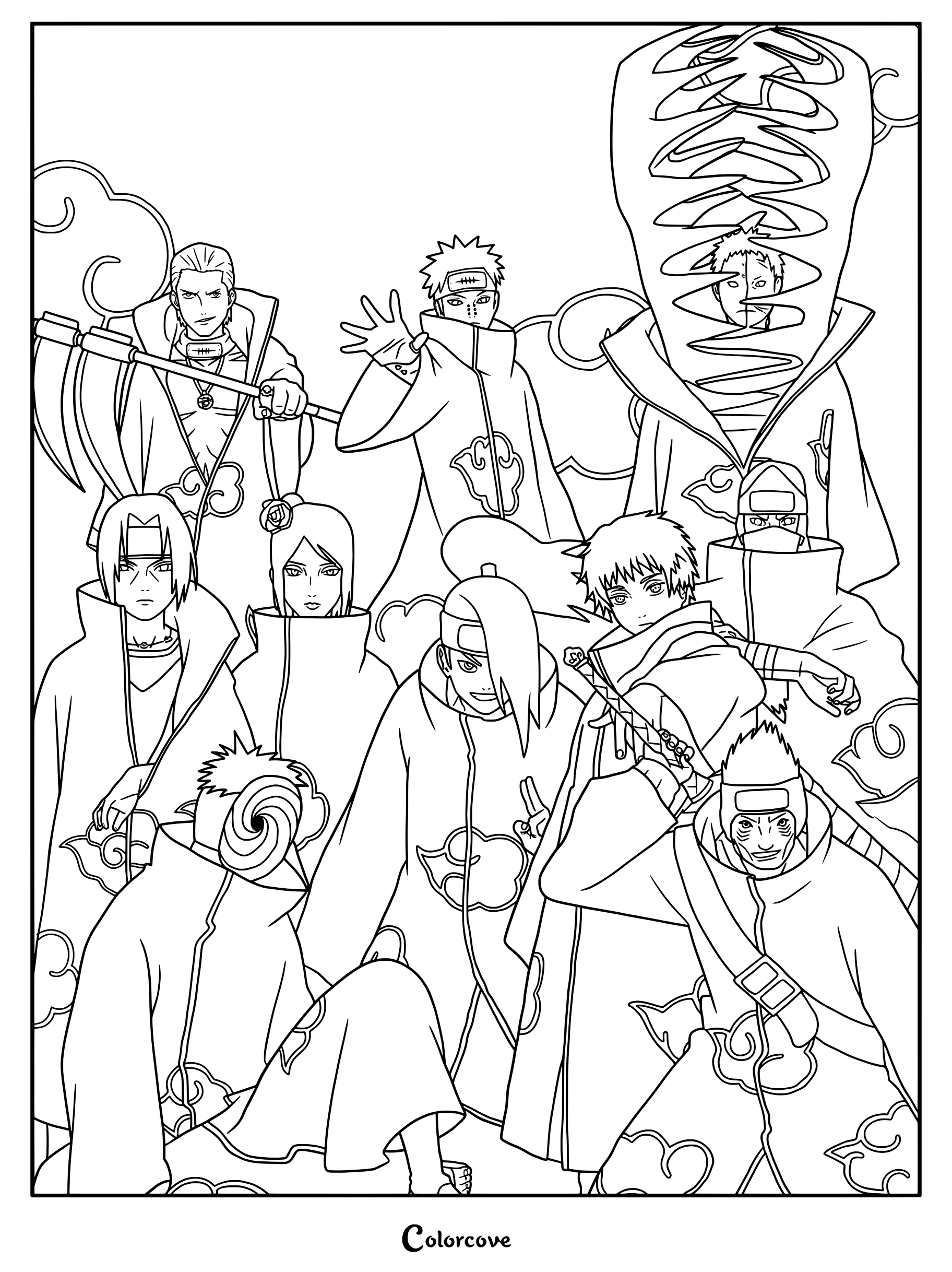 Coloriage du rassemblement de l'Akatsuki représentant les membres de l'organisation criminelle de Naruto
