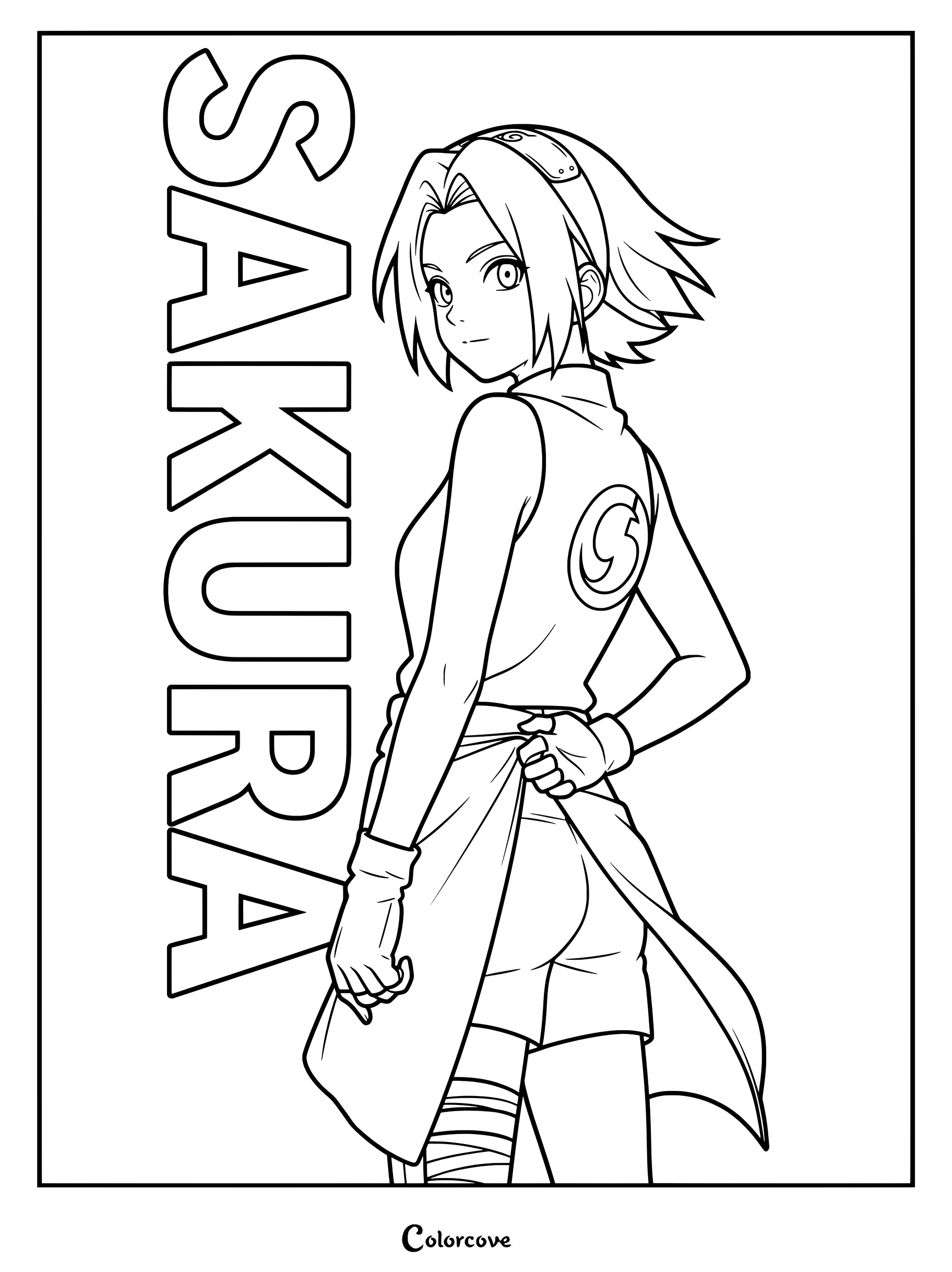 Coloriage de Sakura Haruno regardant par-dessus son épaule avec un grand texte en gras à côté d'elle